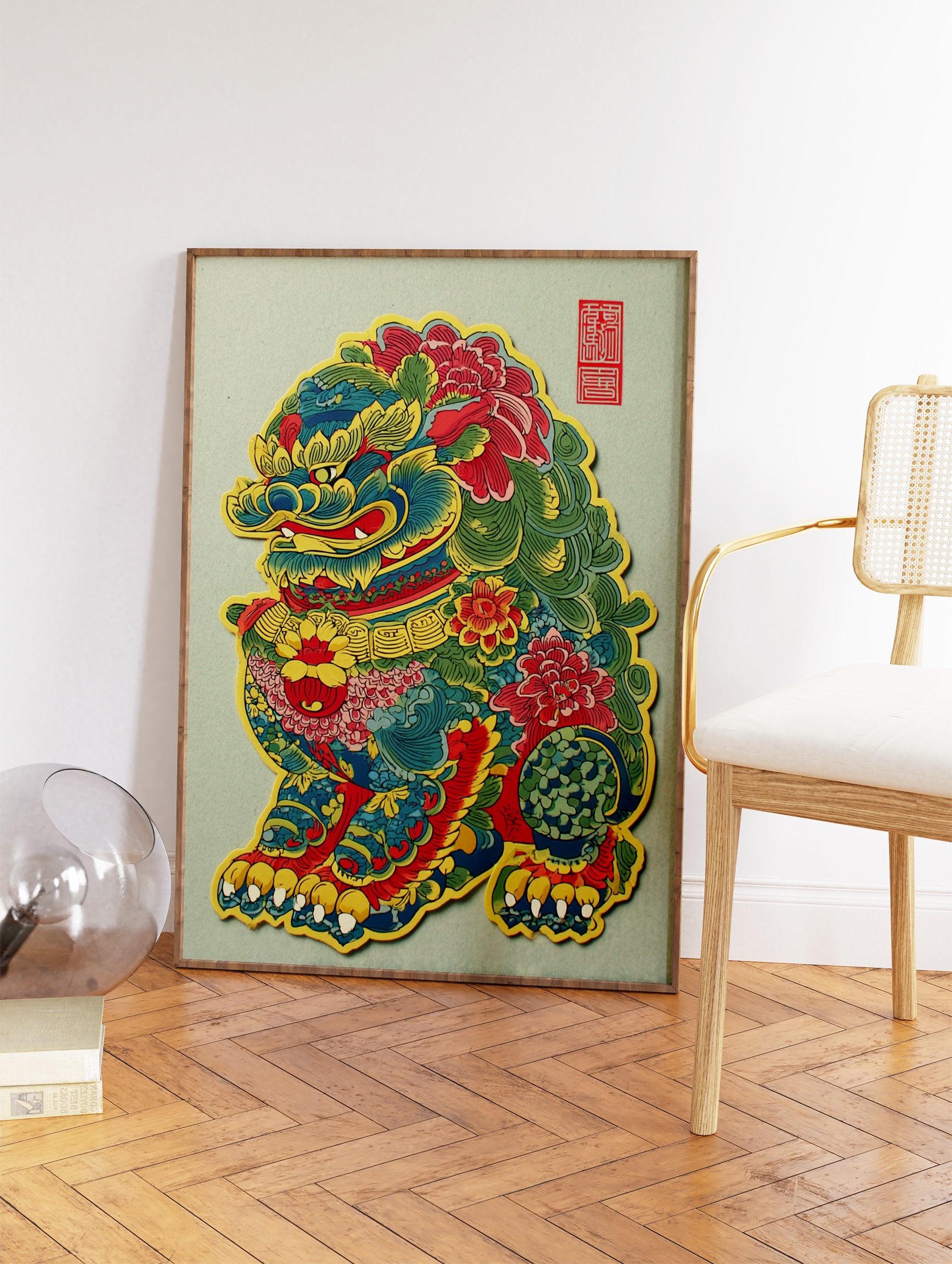 Vibrant Foo Dog wall art print, a mythical Chinese guardian lion with intricate multi-colored details and red seal on light background. - Image 2