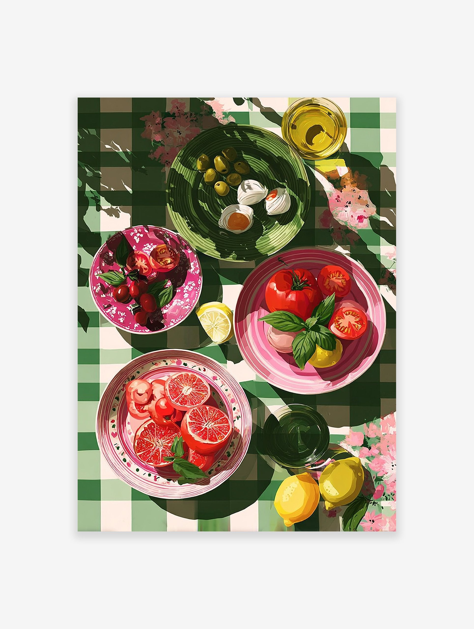 Vibrant food wall art illustration of a Mediterranean picnic spread with fresh produce on a green checkered tablecloth.