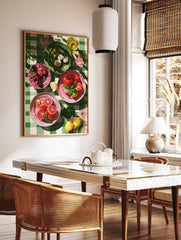 Vibrant food wall art illustration of a Mediterranean picnic spread with fresh produce on a green checkered tablecloth. - Image 2