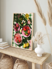 Vibrant food wall art illustration of a Mediterranean picnic spread with fresh produce on a green checkered tablecloth. - Image 3