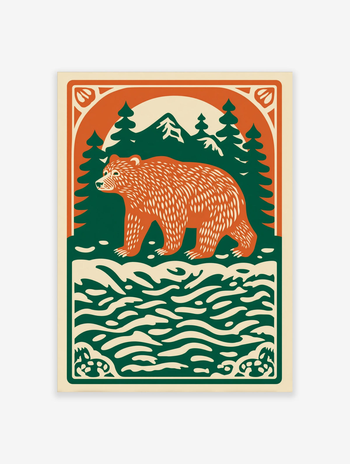 Illustrative forest bear print with orange bear, green pine trees, mountains, and cream water on a light background