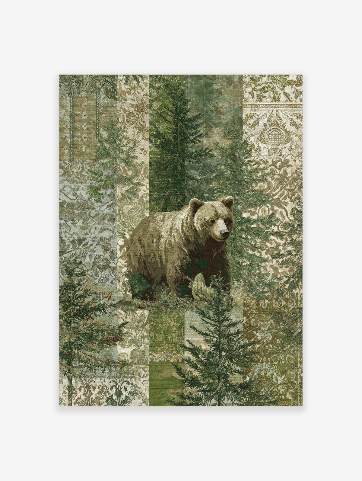 Brown bear standing among green pine trees with a patterned patchwork background in muted green and beige tones