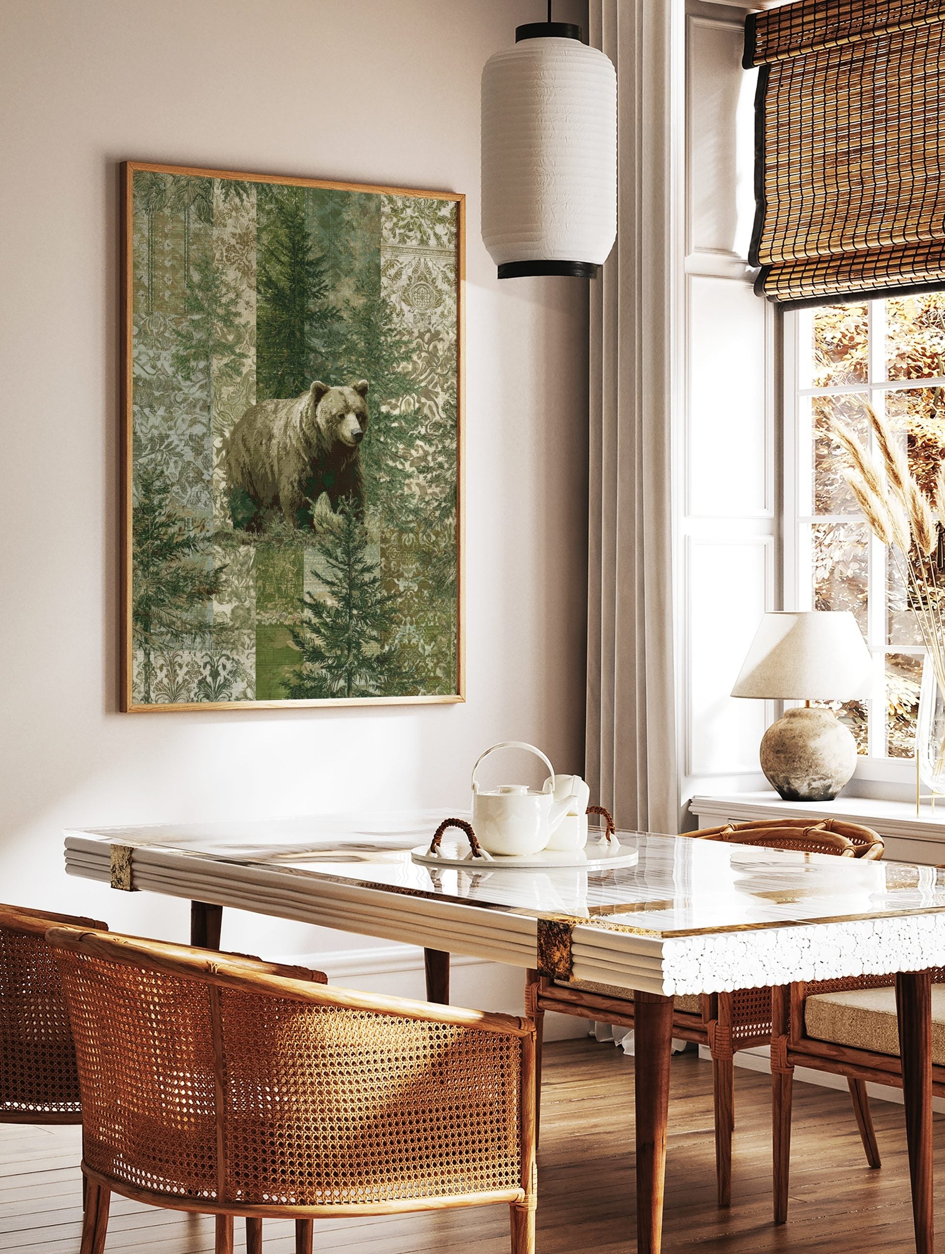 Brown bear standing among green pine trees with a patterned patchwork background in muted green and, in a styled room mockup