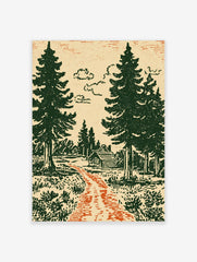 Illustrative forest scene with a log cabin, green pine trees, orange path, and cream sky