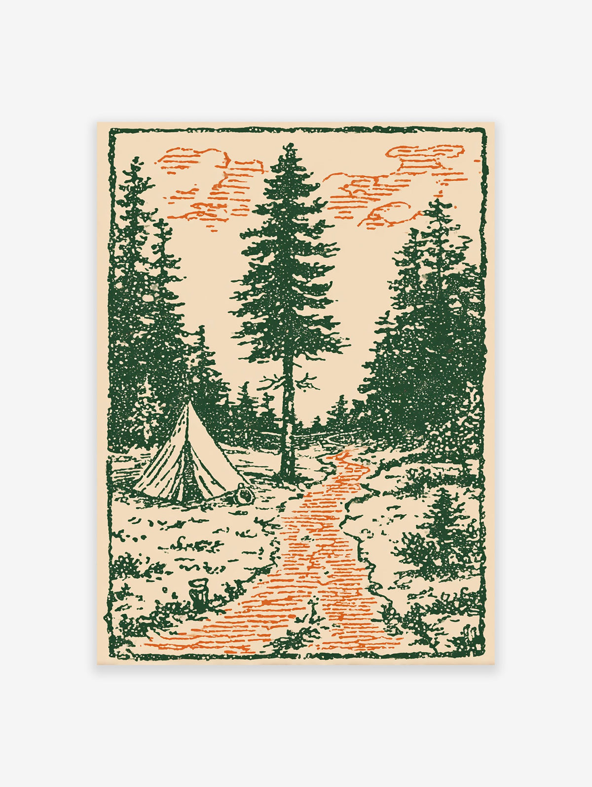 Vintage forest camping art print with green pine trees, an orange path, and a tent illustration on a beige background.