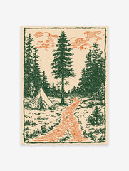 Vintage forest camping art print with green pine trees, an orange path, and a tent illustration on a beige background.