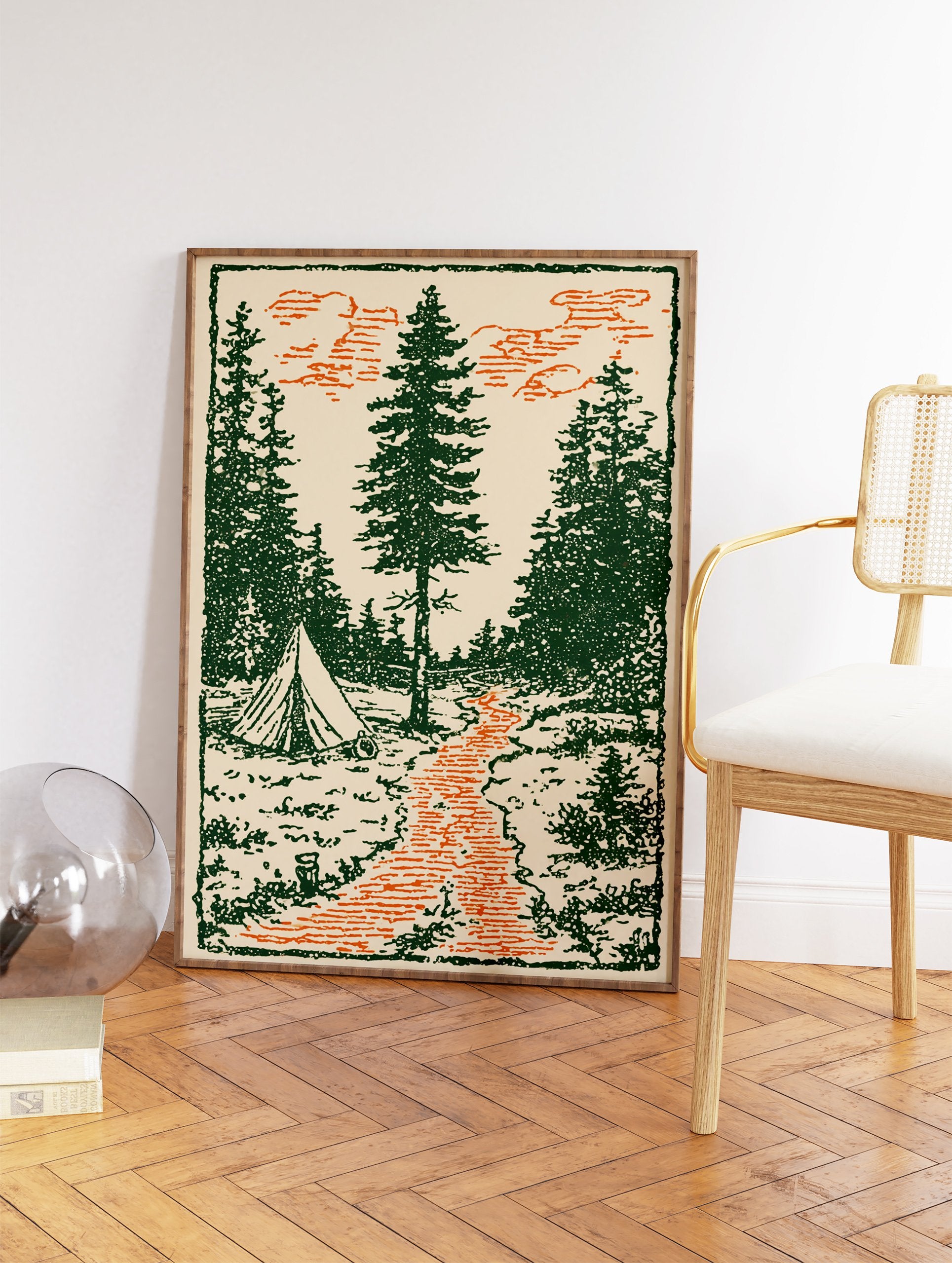Vintage forest camping art print with green pine trees, an orange path, and a tent illustration on a beige background. - Image 2