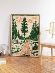 Vintage forest camping art print with green pine trees, an orange path, and a tent illustration on a beige background. - Image 2