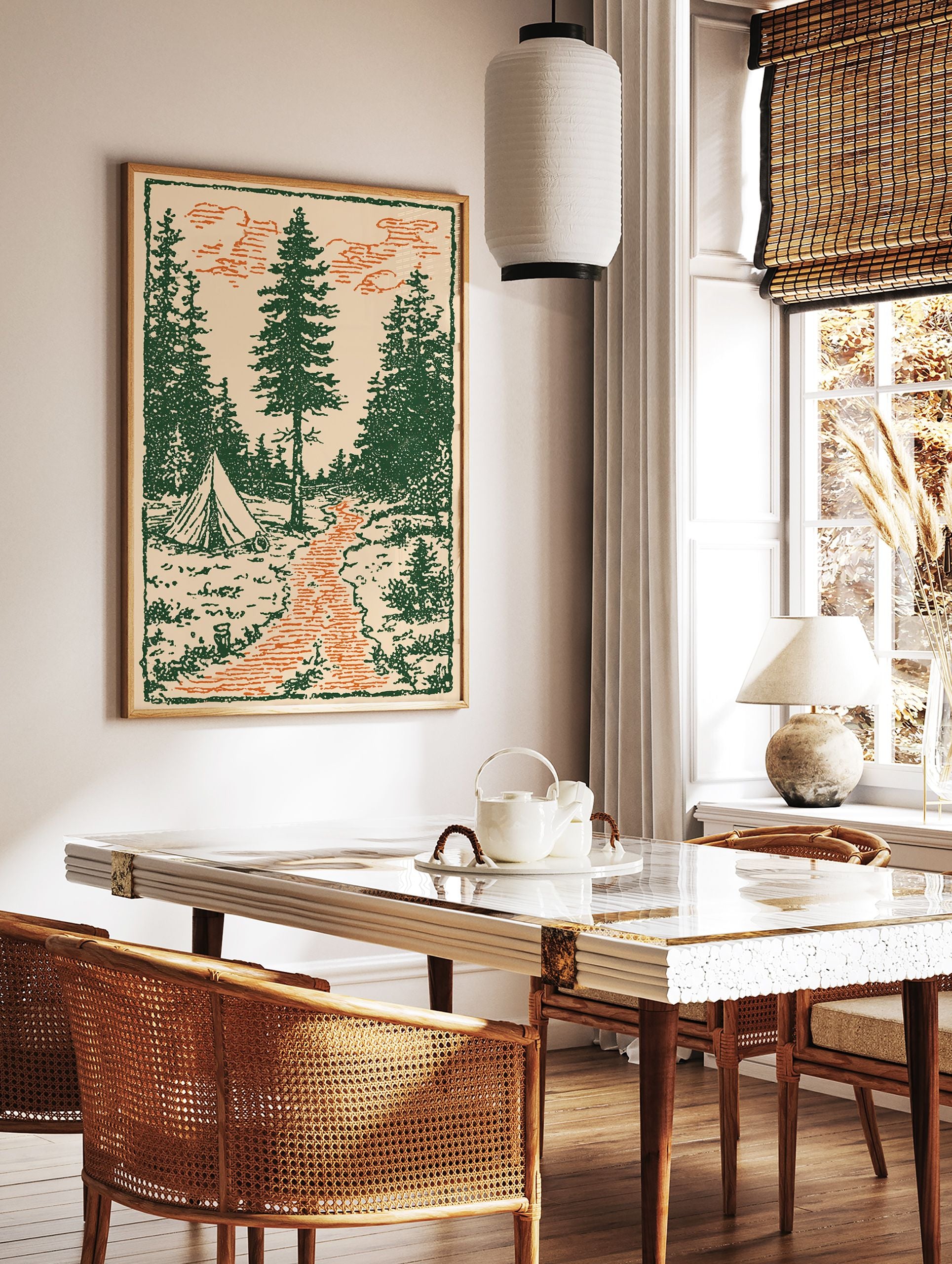 Vintage forest camping art print with green pine trees, an orange path, and a tent illustration on a beige background. - Image 3