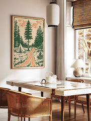 Vintage forest camping art print with green pine trees, an orange path, and a tent illustration on a beige background. - Image 3