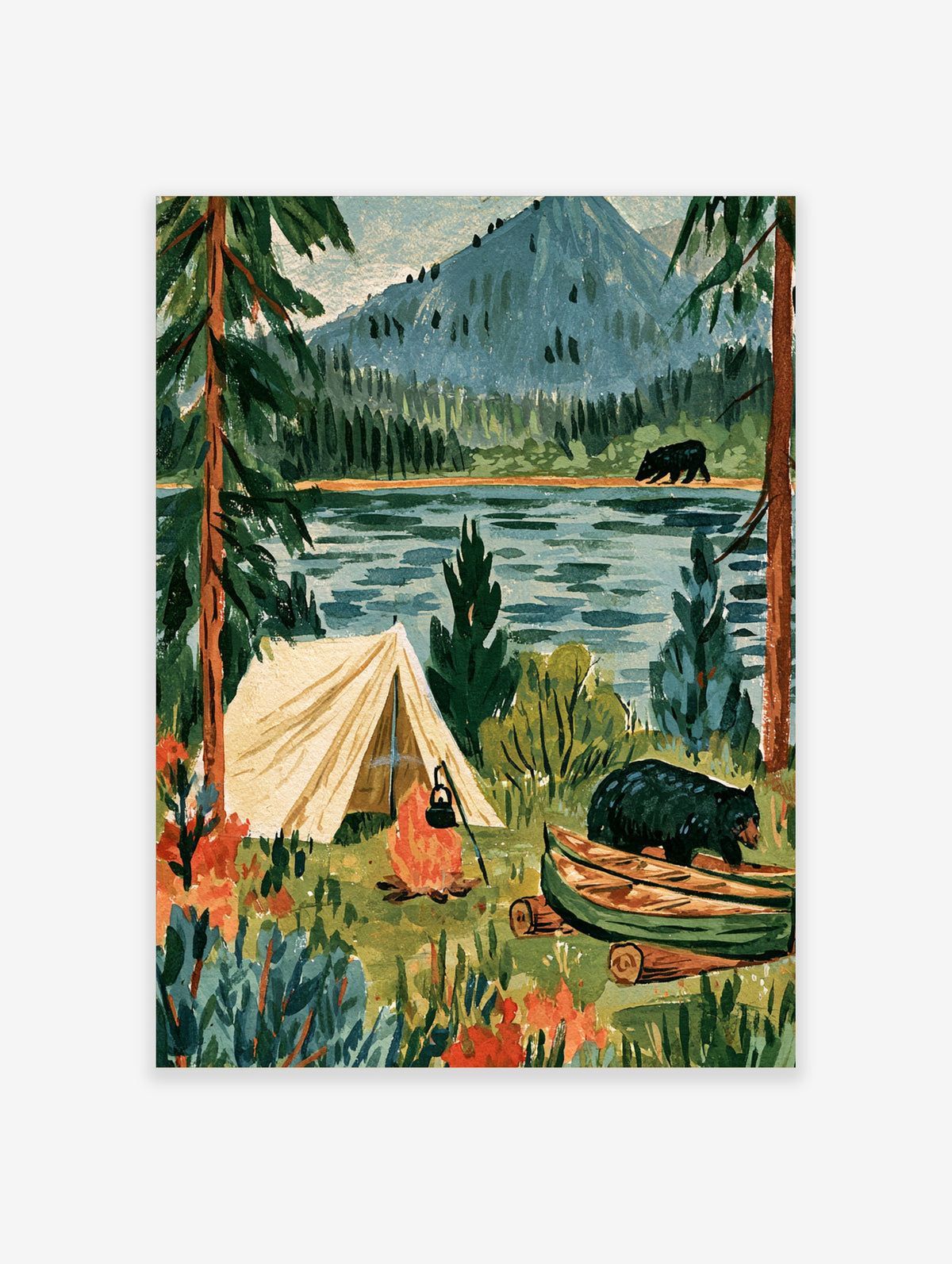 Forest camping poster with tent, campfire, canoe, and black bears beside a mountain lake