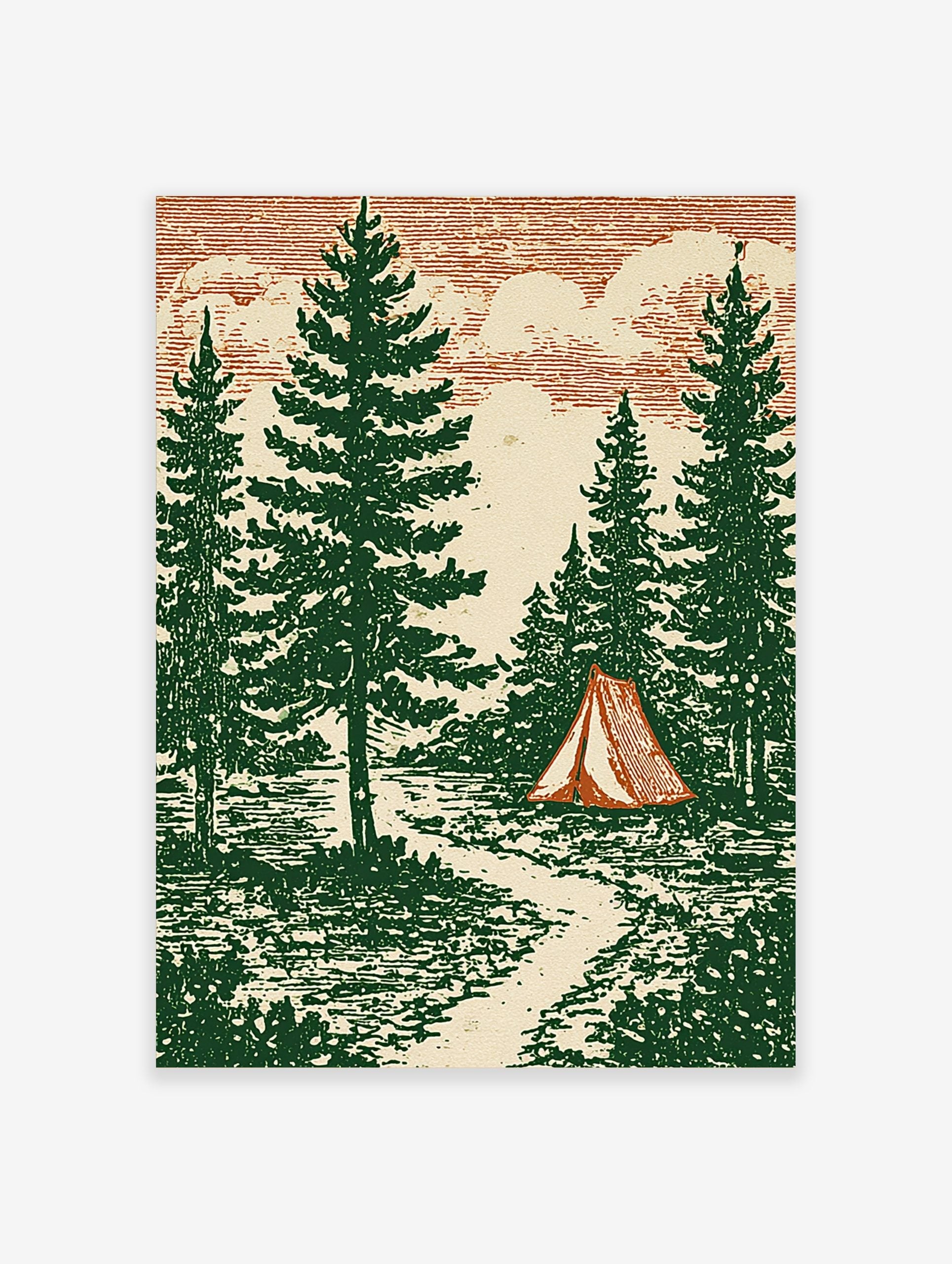 Illustrative forest scene with tall pine trees, a red and cream striped tent, a path, and a lake under a textured sky