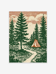 Illustrative forest scene with tall pine trees, a red and cream striped tent, a path, and a lake under a textured sky