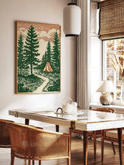 Illustrative forest scene with tall pine trees, a red and cream striped tent, a path, and a lake, in a styled room mockup