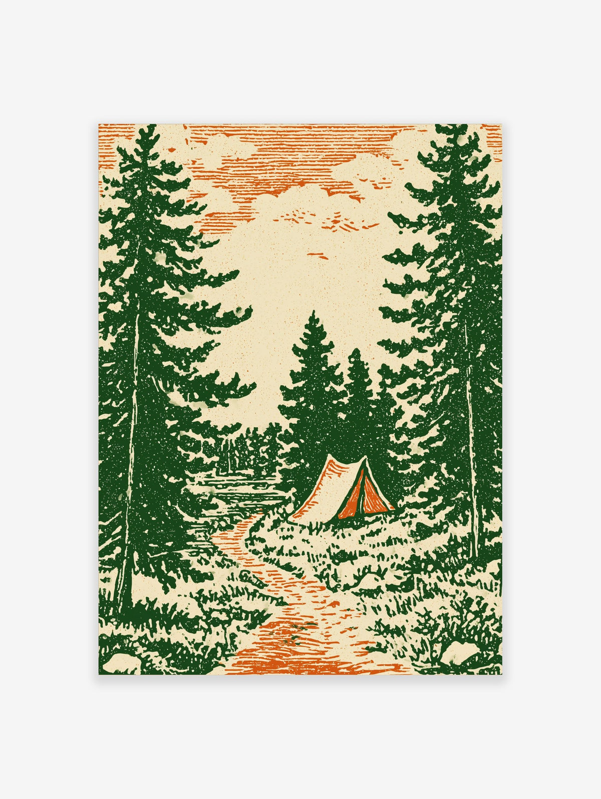 Vintage illustrative print of a forest camping scene with pine trees, a path, and a tent by water in green and orange
