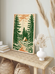Vintage illustrative print of a forest camping scene with pine trees, a path, and a tent by, in an alternate framed mockup
