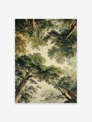 Forest canopy poster looking up through lush green trees and brown trunks against a light sky.