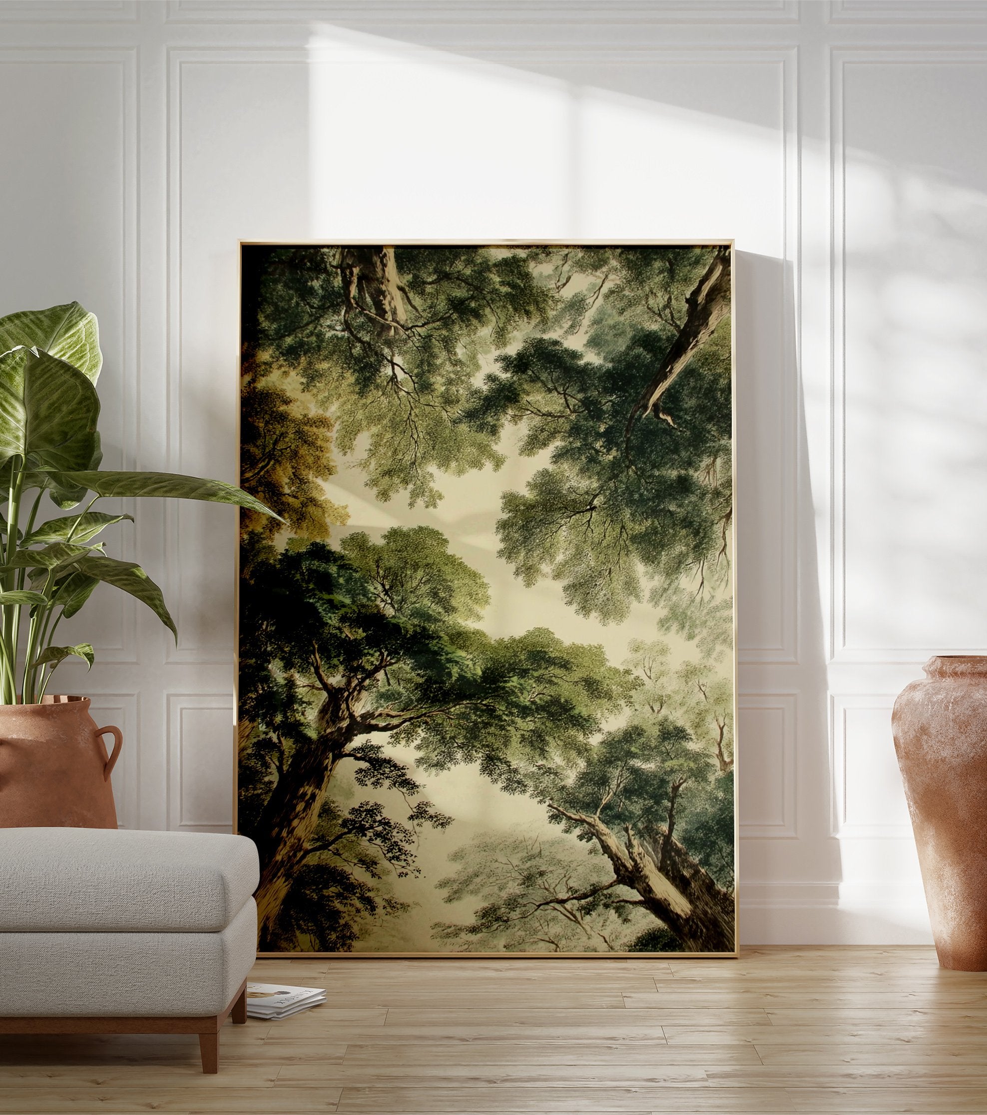 Forest canopy poster looking up through lush green trees and brown trunks against a light sky. - Image 3