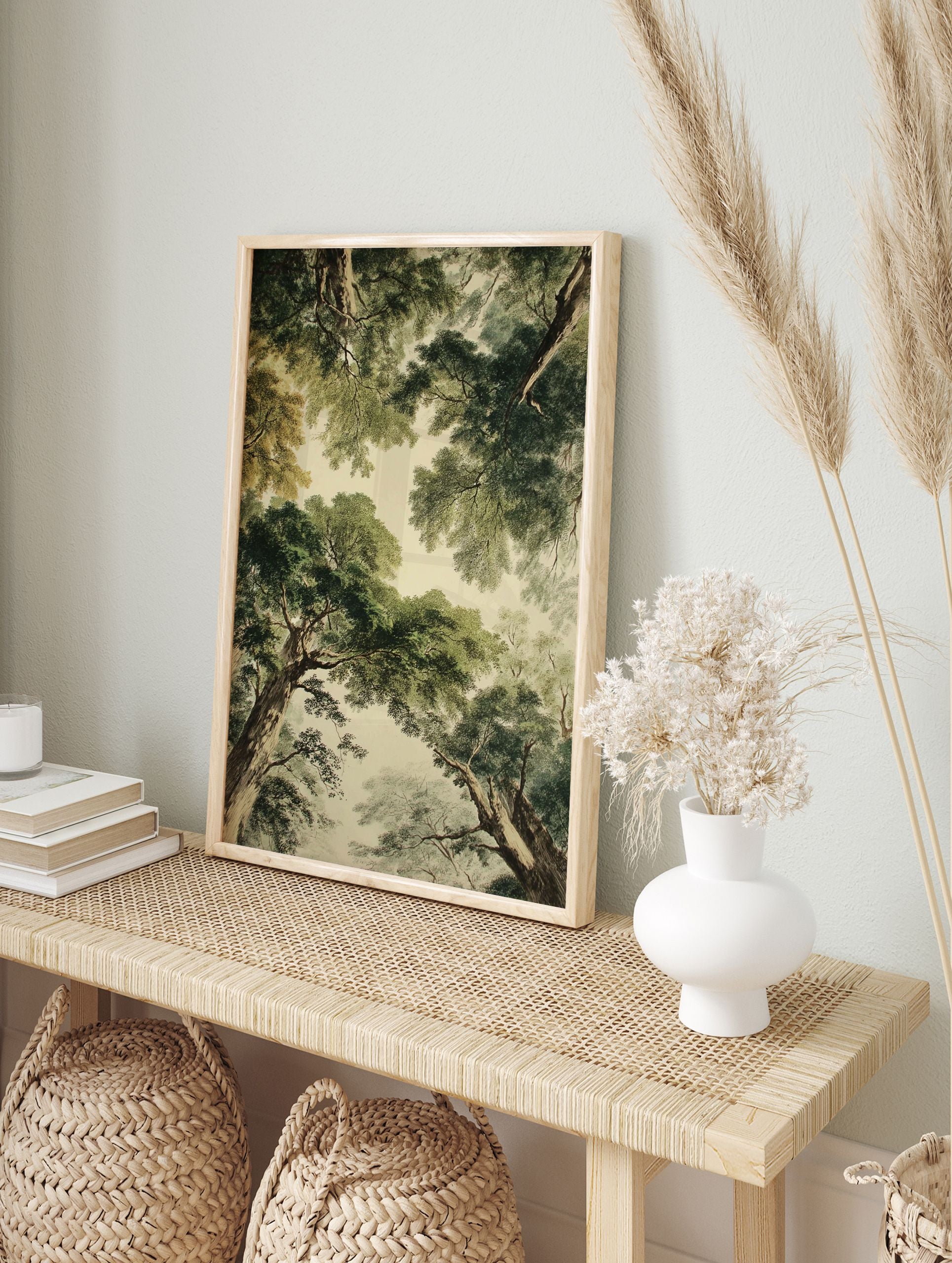 Forest canopy poster looking up through lush green trees and brown trunks against a light sky. - Image 4