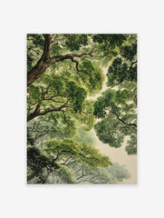 Detailed forest canopy poster showing lush green tree leaves and branches from a worm's-eye view against a light sky.