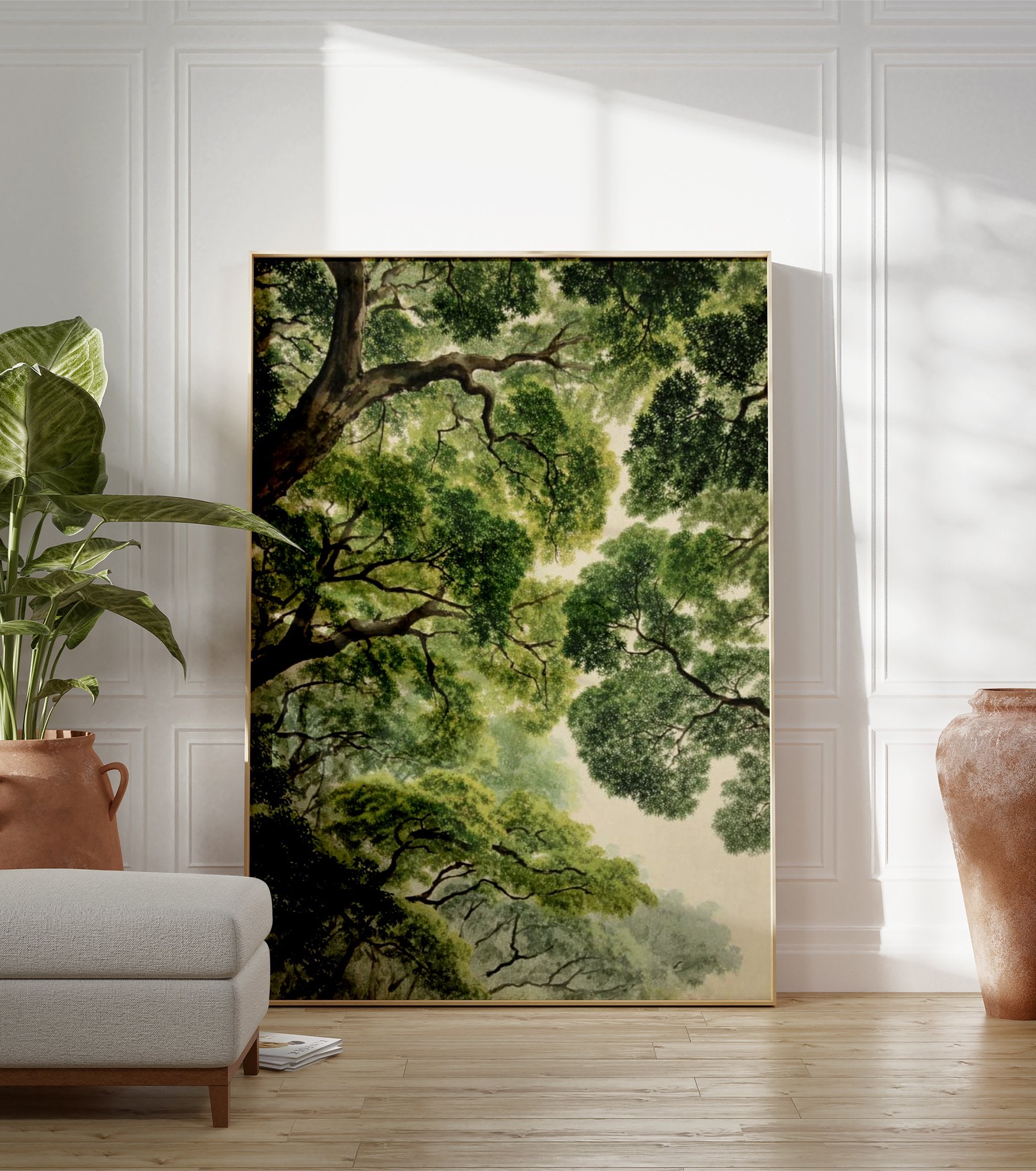 Detailed forest canopy poster showing lush green tree leaves and branches from a worm's-eye view against a light sky. - Image 3