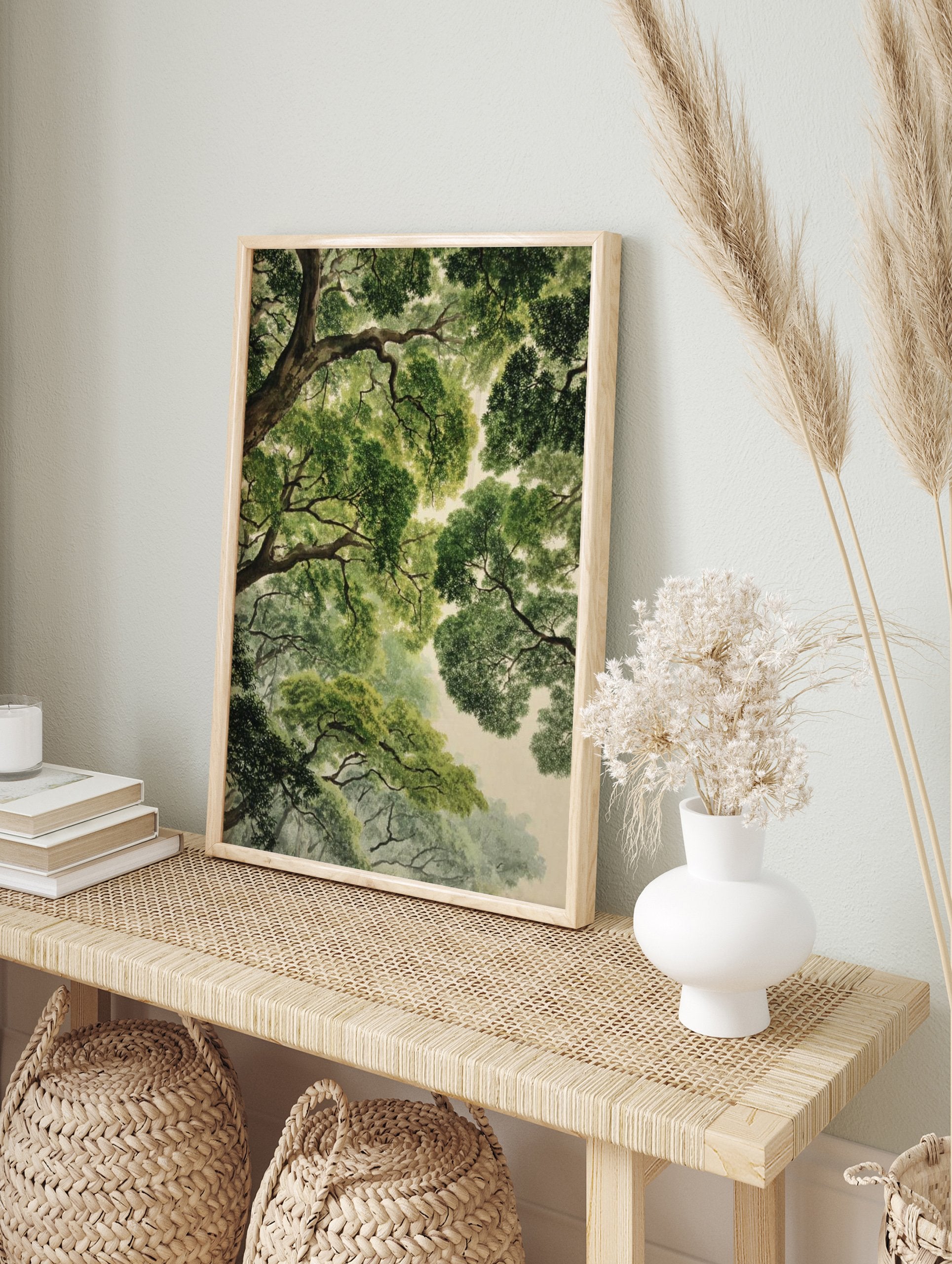 Detailed forest canopy poster showing lush green tree leaves and branches from a worm's-eye view against a light sky. - Image 4