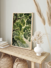 Detailed forest canopy poster showing lush green tree leaves and branches from a worm's-eye view against a light sky. - Image 4
