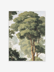 Watercolour forest canopy art print with tall green trees, visible brown trunks, and a misty, light background