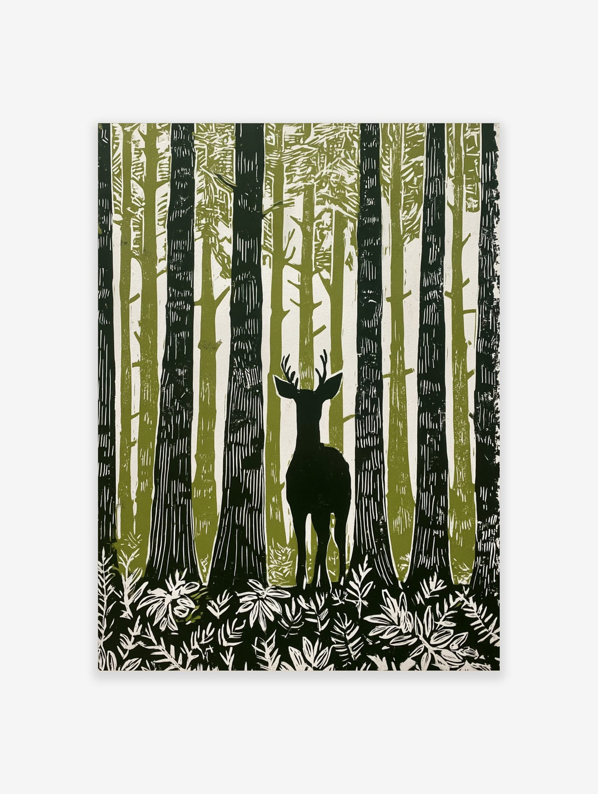 Illustrative forest deer wall art with a stag among tall green and white trees and foliage