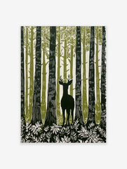 Illustrative forest deer wall art with a stag among tall green and white trees and foliage