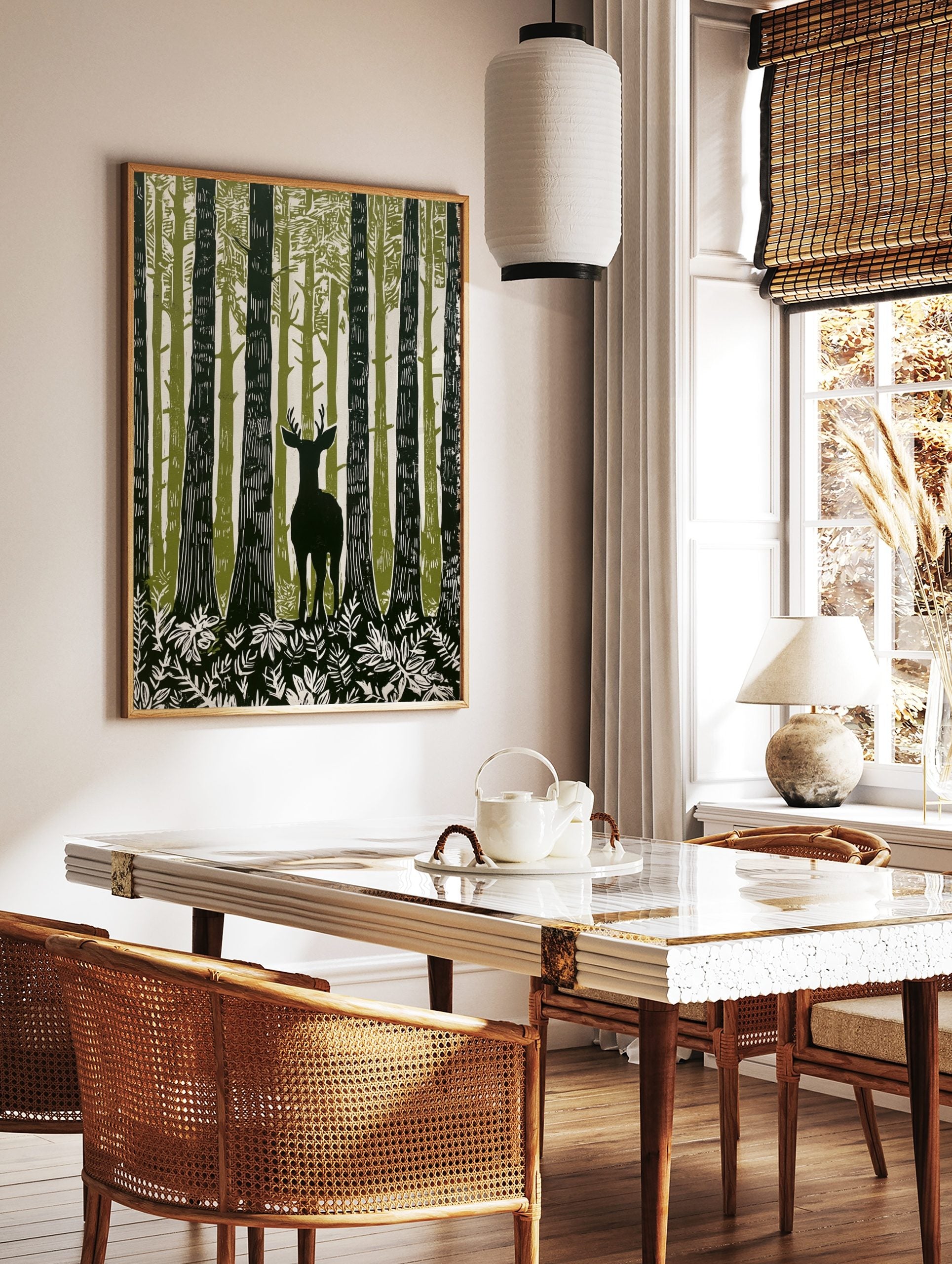 Illustrative forest deer wall art with a stag among tall green and white trees and foliage, in a styled room mockup