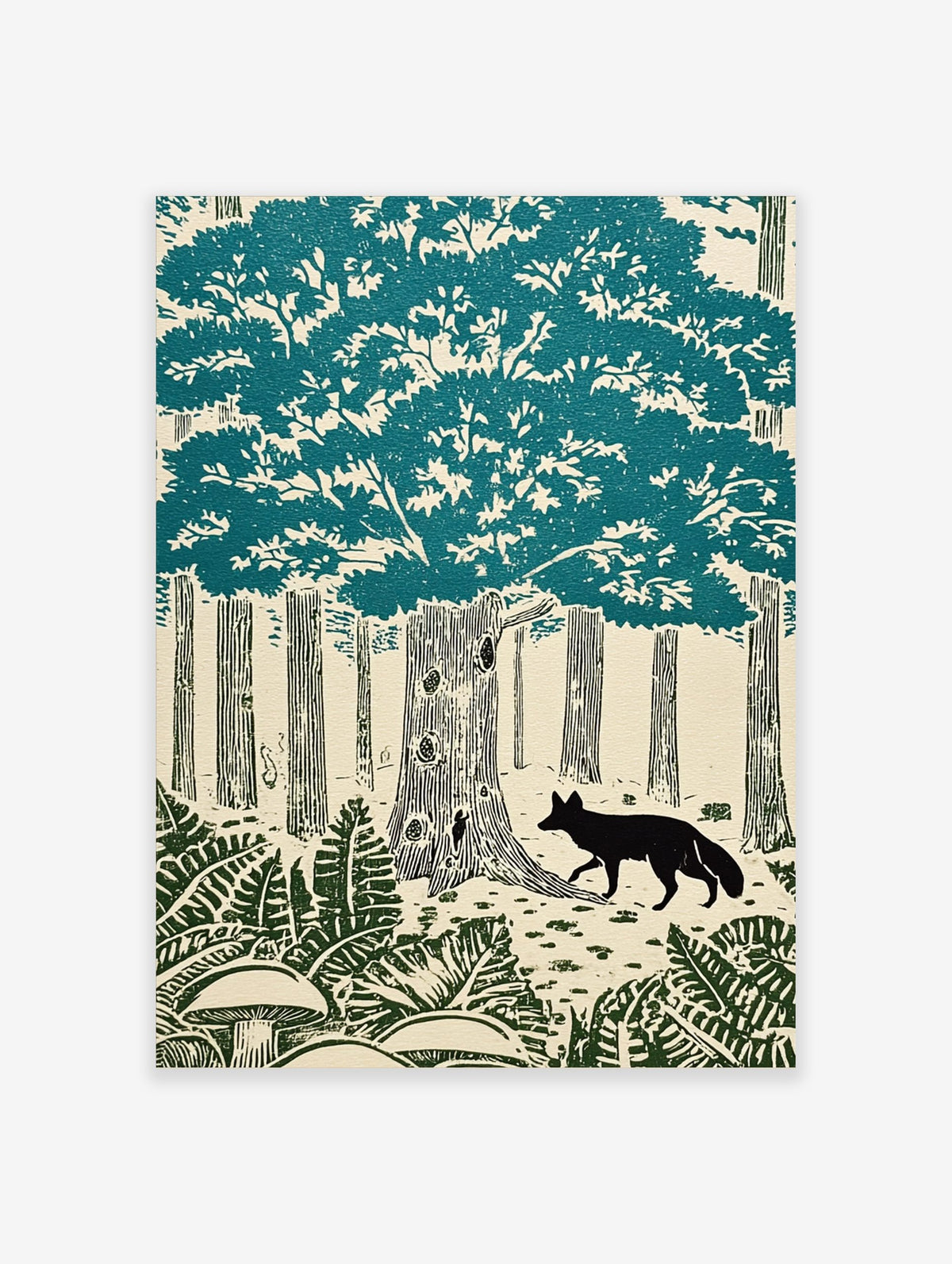 Woodcut style forest print with a black fox, large teal tree canopy, tree trunks, ferns, and mushrooms