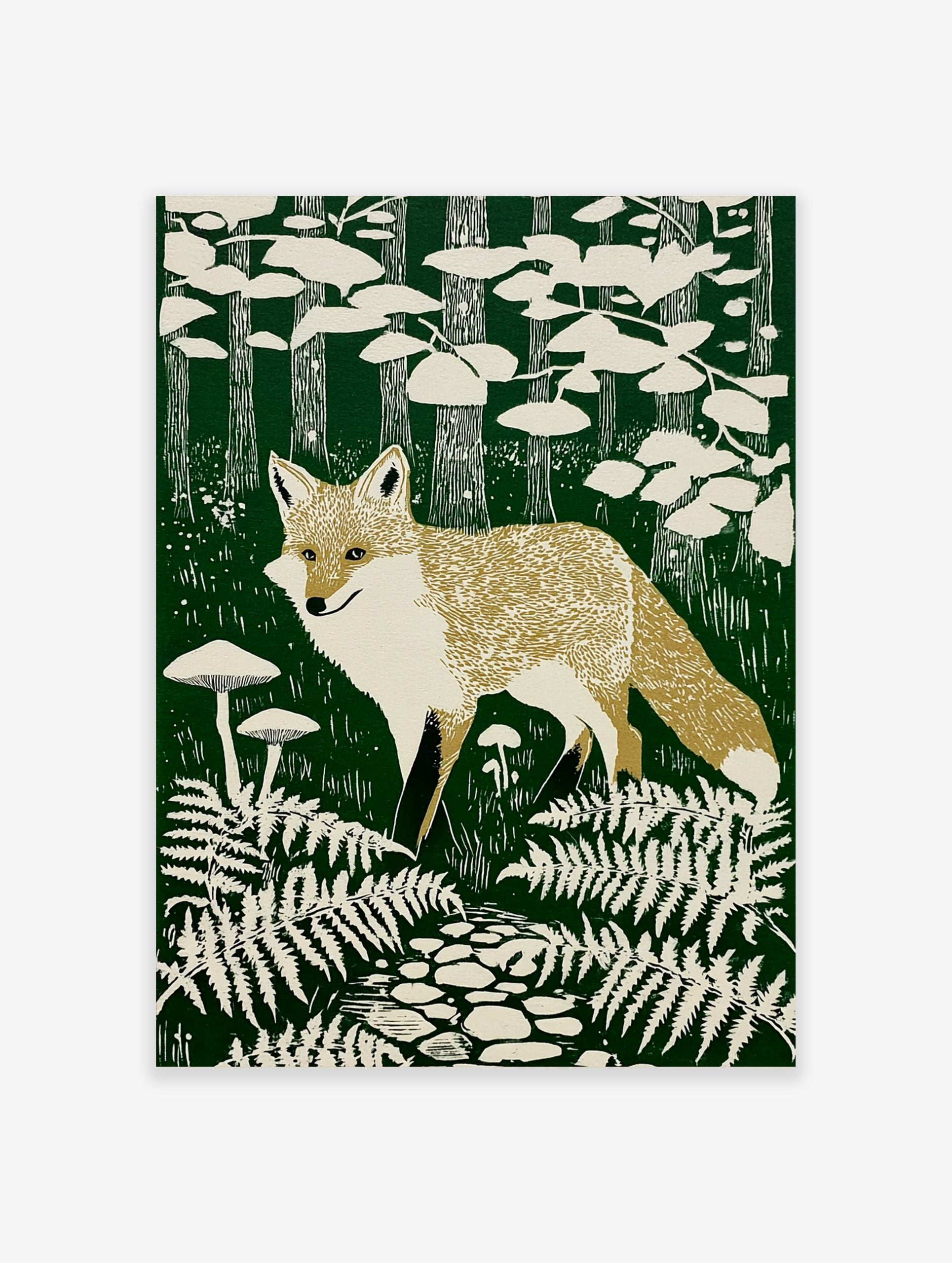 Illustrative forest scene art print with a golden-tan fox, green trees, white mushrooms, and ferns