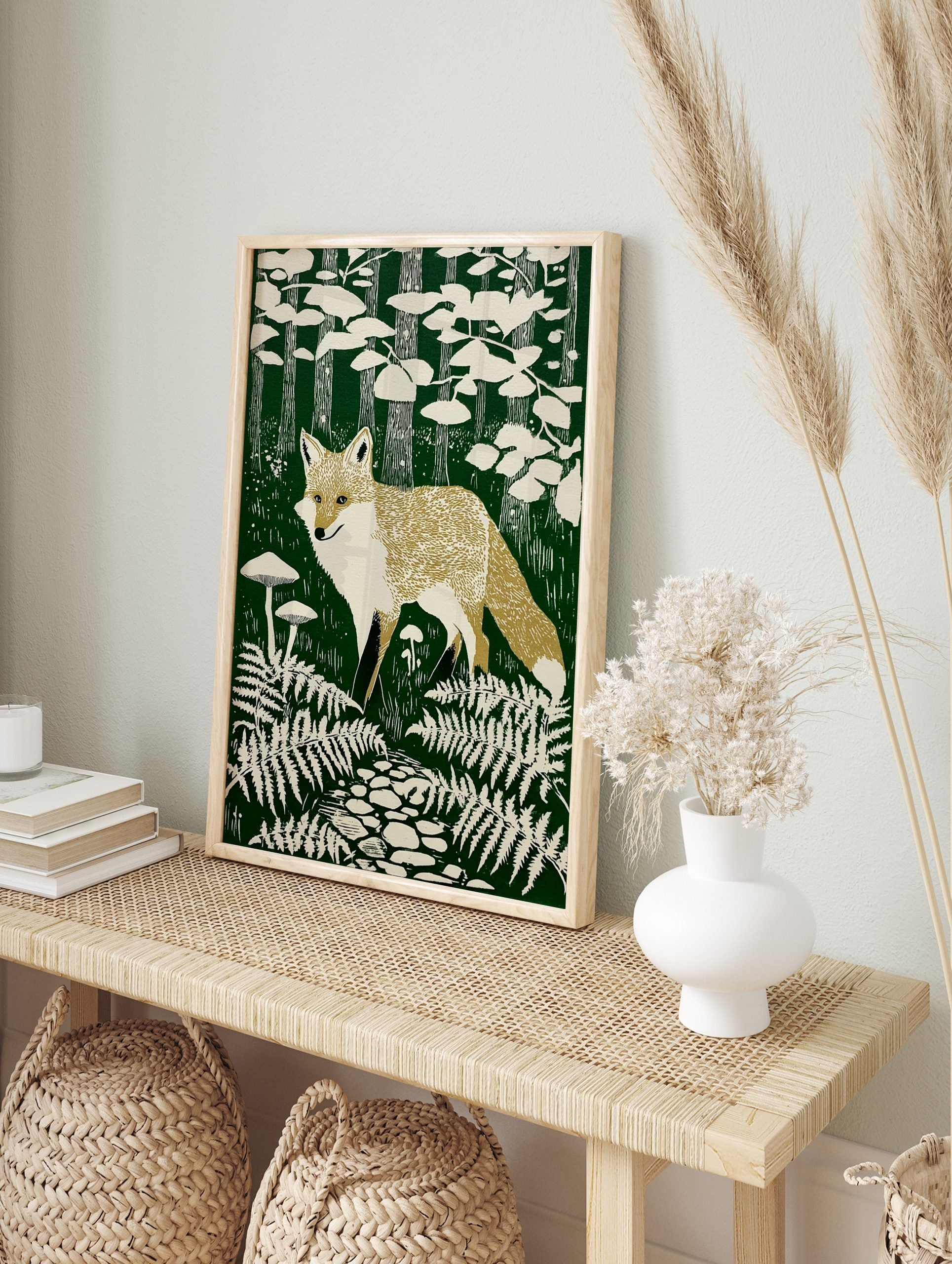 Illustrative forest scene art print with a golden-tan fox, green trees, white mushrooms, and, in an alternate framed mockup