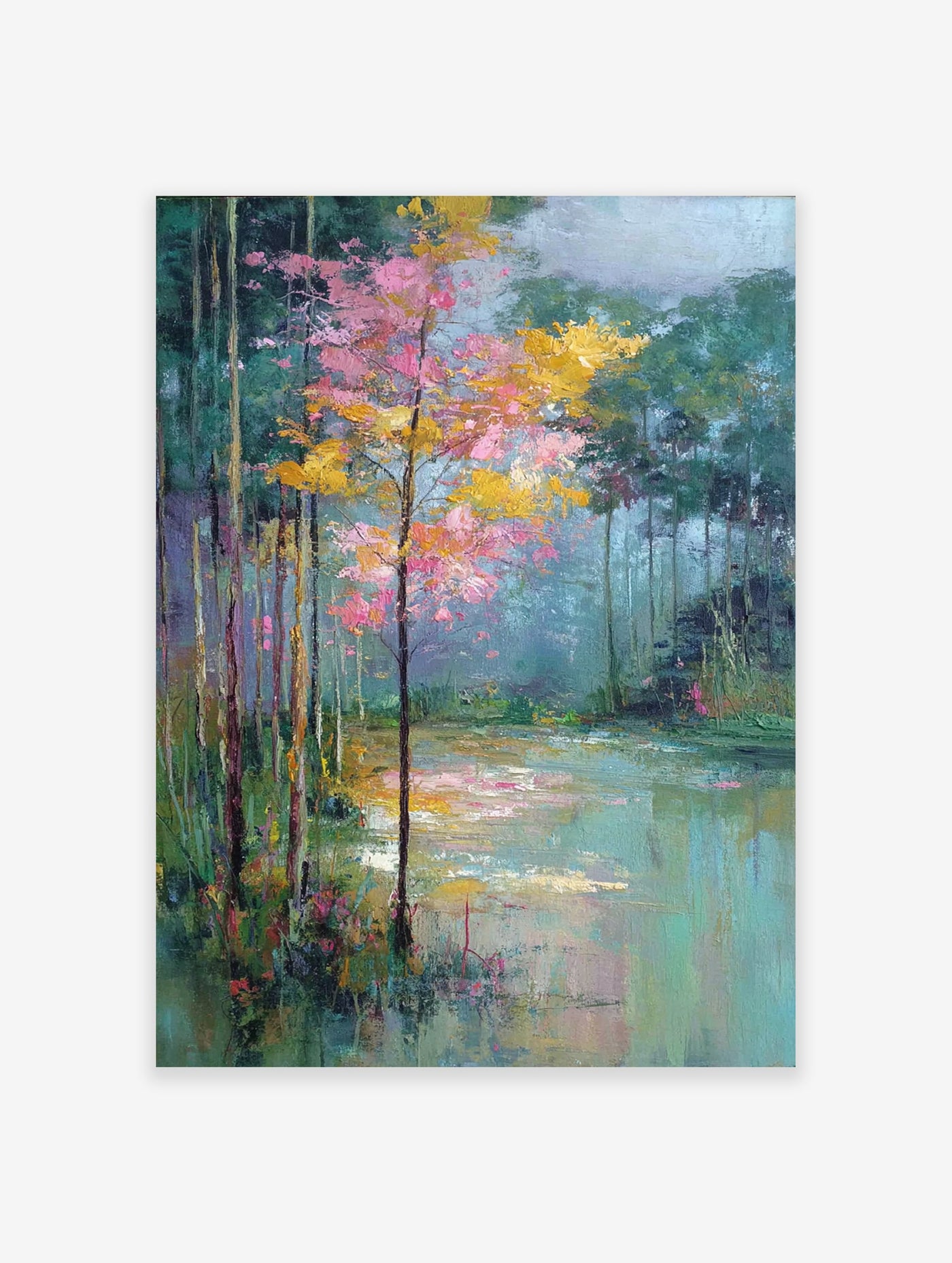 Impressionist forest lake wall art painting with vibrant pink and yellow trees reflected in calm green and blue water.