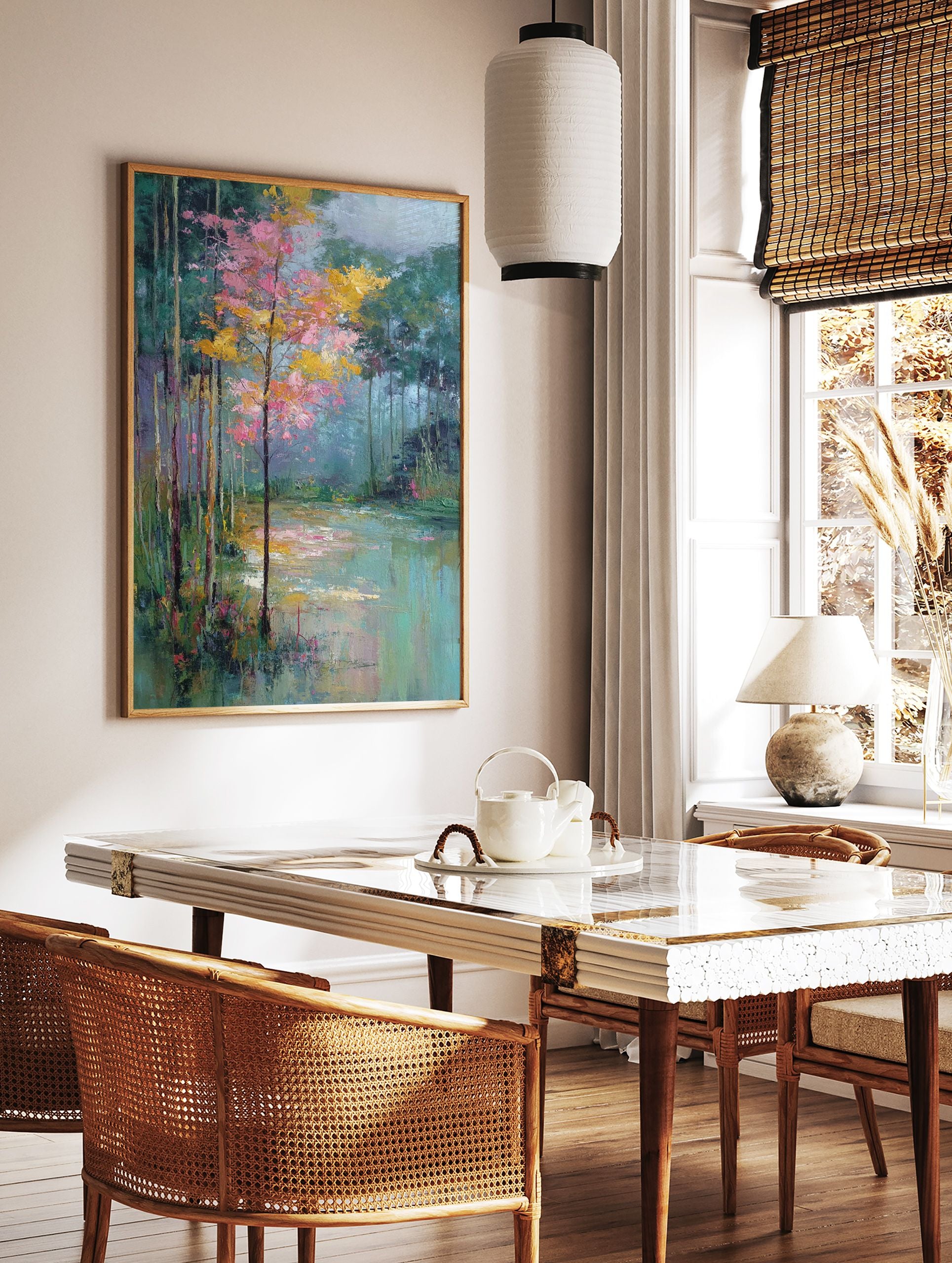 Impressionist forest lake wall art painting with vibrant pink and yellow trees reflected in calm green and blue water. - Image 2