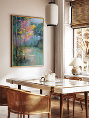 Impressionist forest lake wall art painting with vibrant pink and yellow trees reflected in calm green and blue water. - Image 2