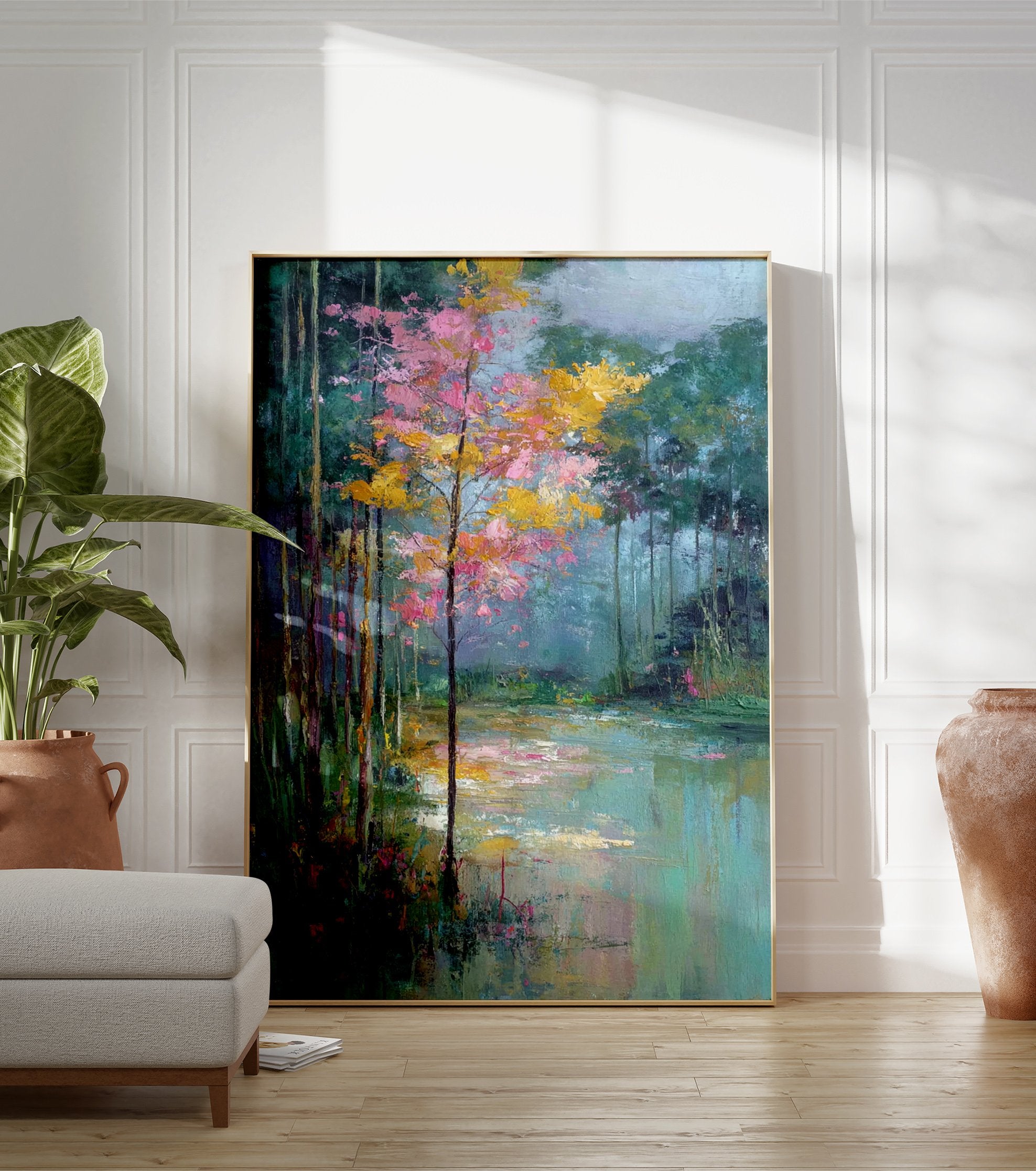 Impressionist forest lake wall art painting with vibrant pink and yellow trees reflected in calm green and blue water. - Image 3