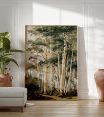 A forest landscape poster depicting tall, light-barked trees with green leaves and a misty mountain background. - Image 3