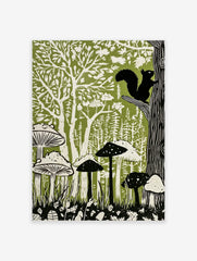 Linocut-style forest art print with black squirrel, green trees, and white mushrooms on a green background