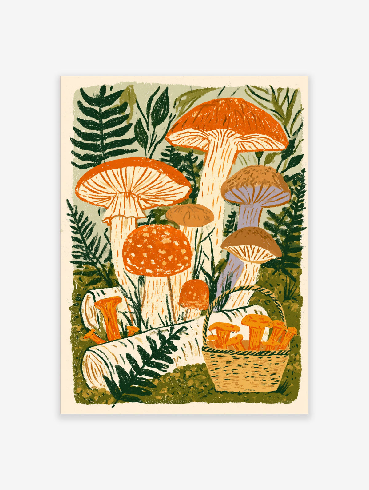 Forest mushroom art print with orange and brown fungi, ferns, and a basket of chanterelles on mossy ground