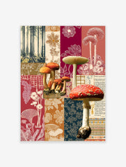 Forest mushroom patchwork wall art with red, orange, and blue-green tones, featuring realistic fungi and tall trees