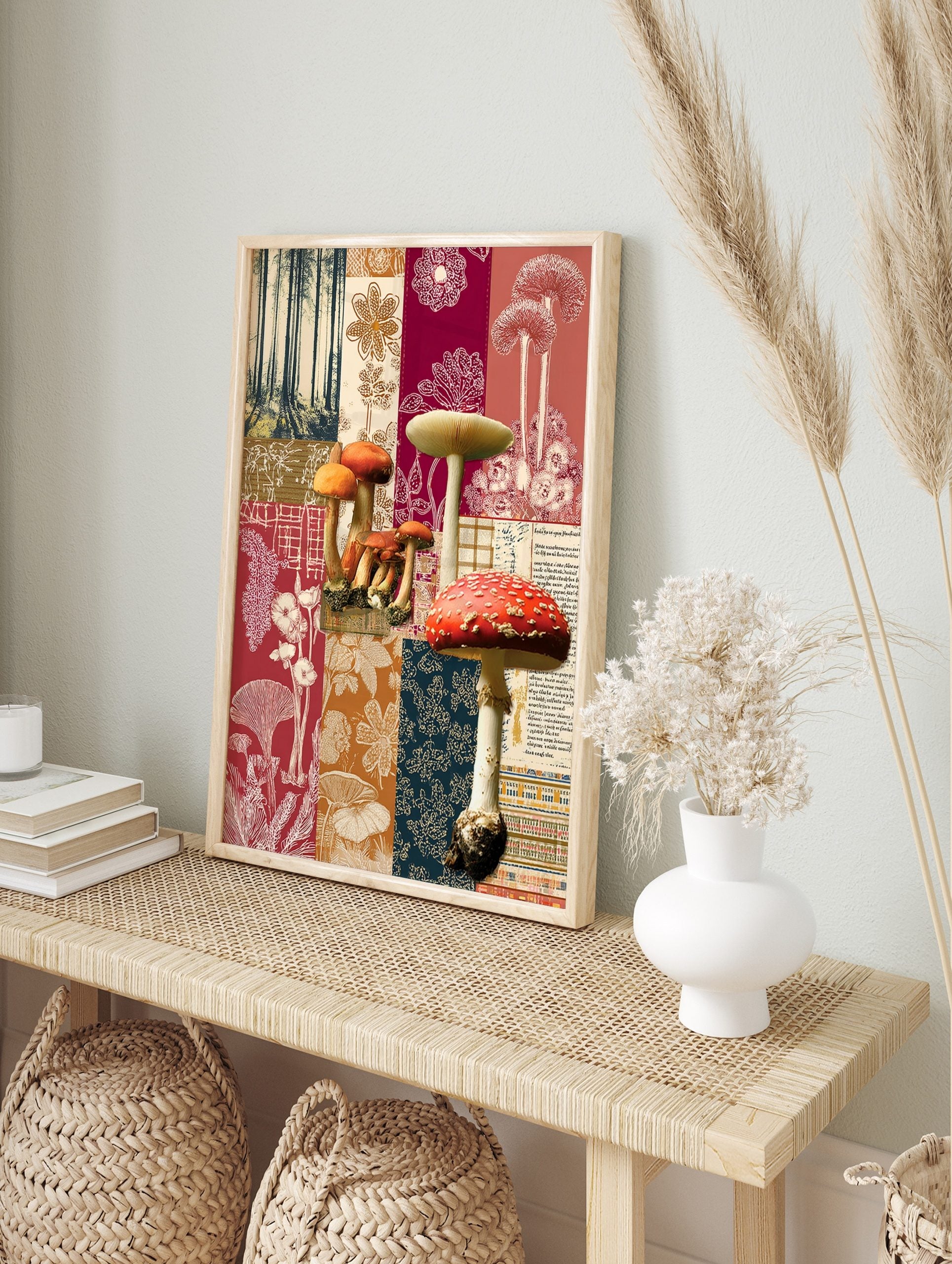 Forest mushroom patchwork wall art with red, orange, and blue-green tones, featuring, in an alternate framed mockup