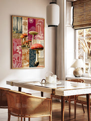 Forest mushroom patchwork wall art with red, orange, and blue-green tones, featuring realistic, in a styled room mockup