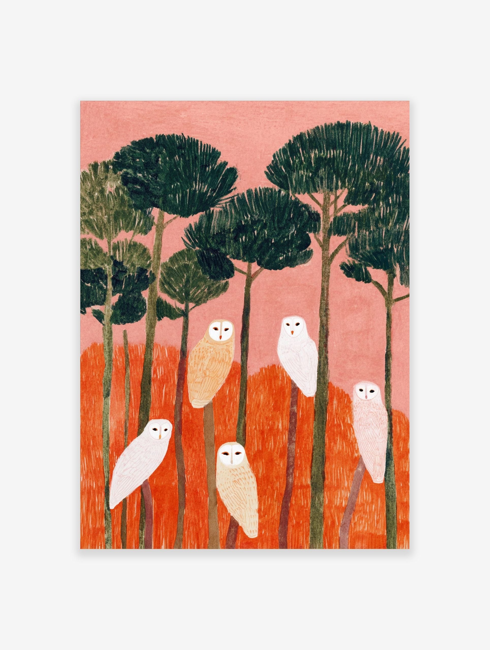 Illustrative art print of six white and beige owls perched on trees with pink sky and orange undergrowth