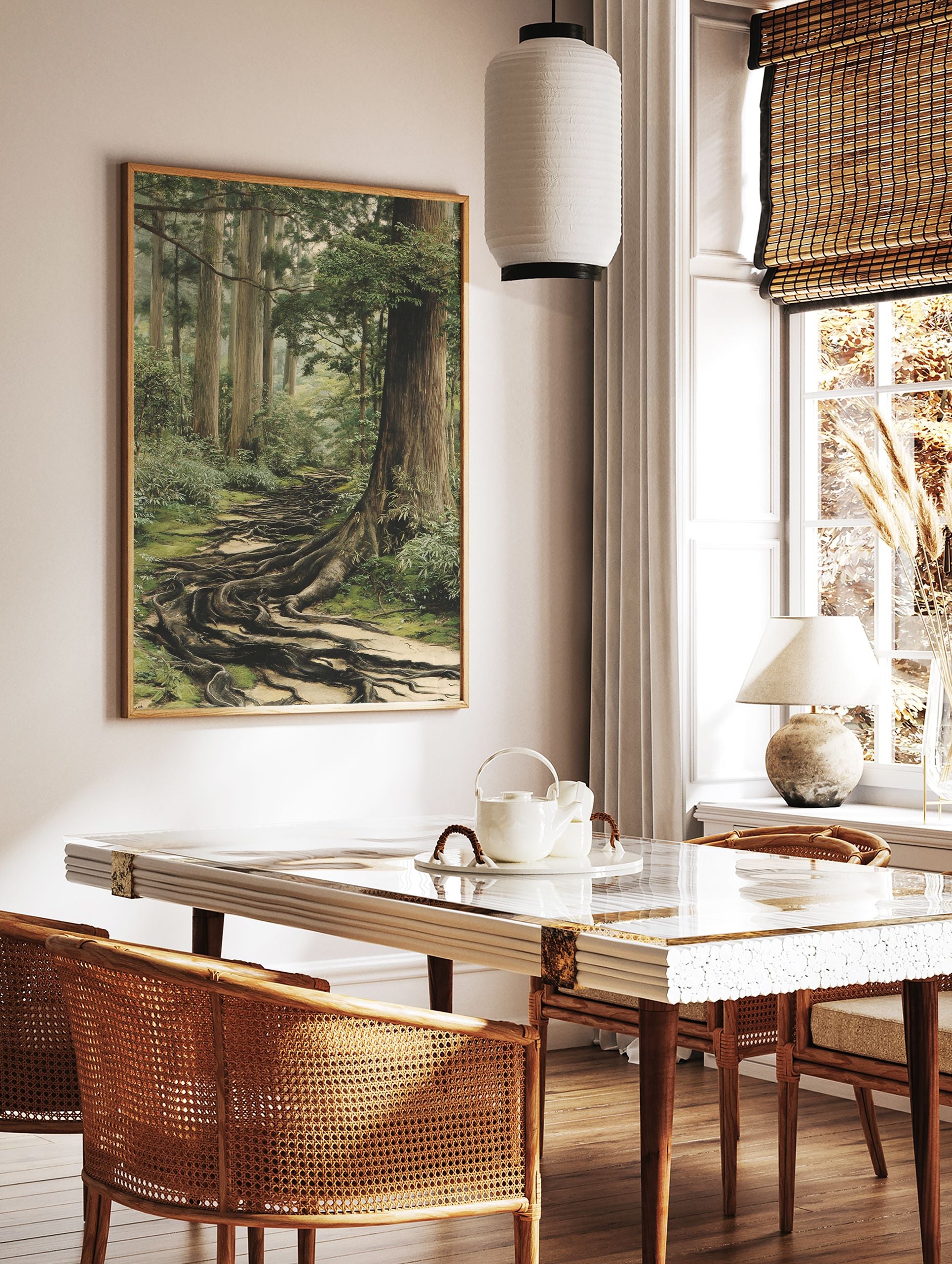 Forest path poster showing ancient tree roots covering a mossy ground, surrounded by tall trees and lush green foliage. - Image 2