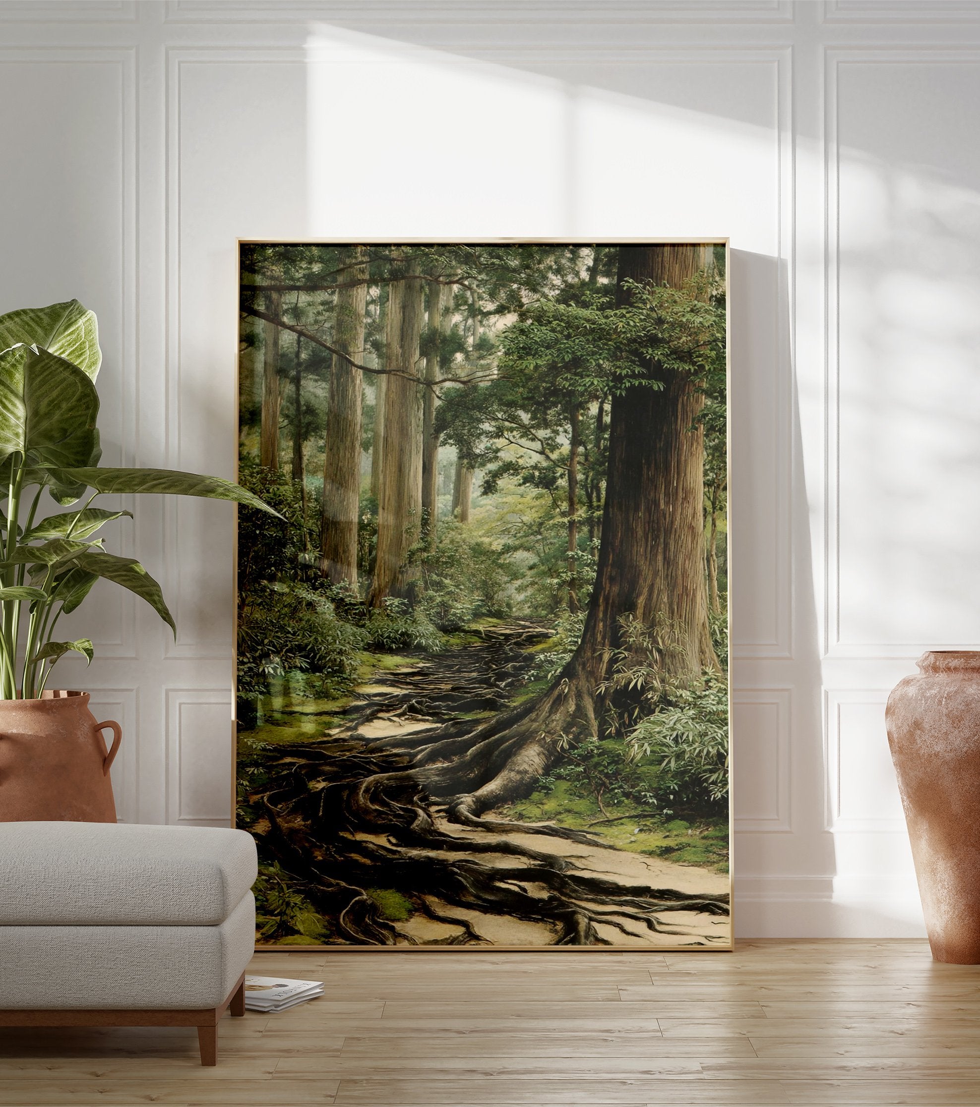 Forest path poster showing ancient tree roots covering a mossy ground, surrounded by tall trees and lush green foliage. - Image 3