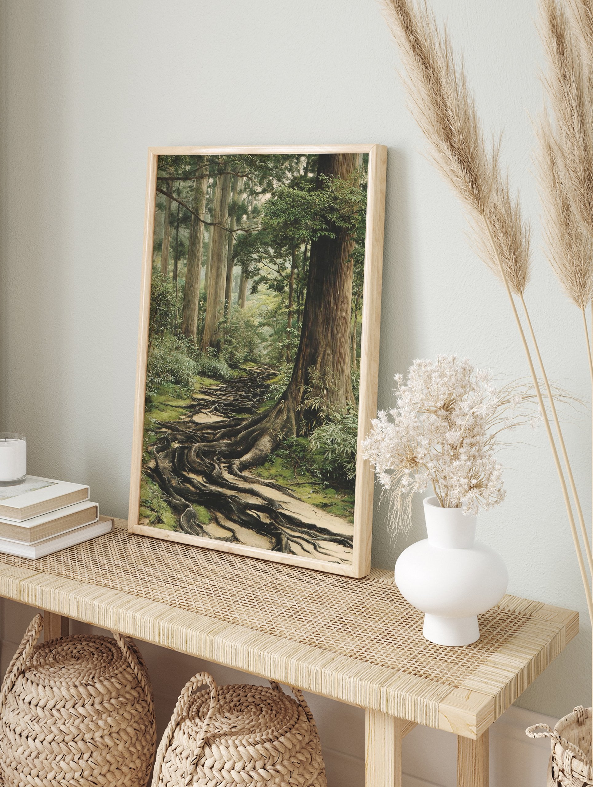Forest path poster showing ancient tree roots covering a mossy ground, surrounded by tall trees and lush green foliage. - Image 4