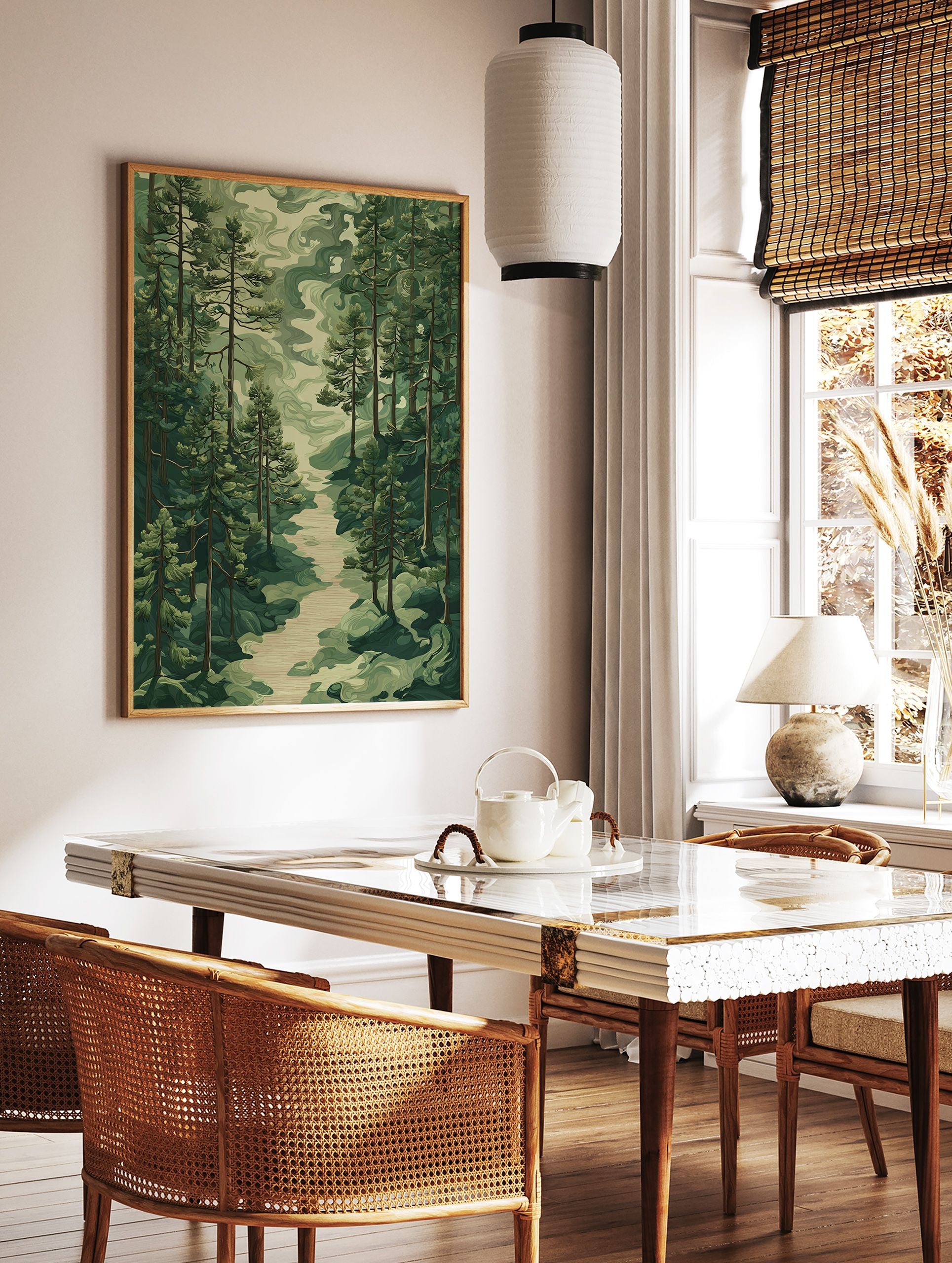 Forest path poster with tall green pine trees and a winding river, stylized nature landscape art. - Image 2