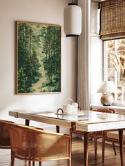 Forest path poster with tall green pine trees and a winding river, stylized nature landscape art. - Image 2